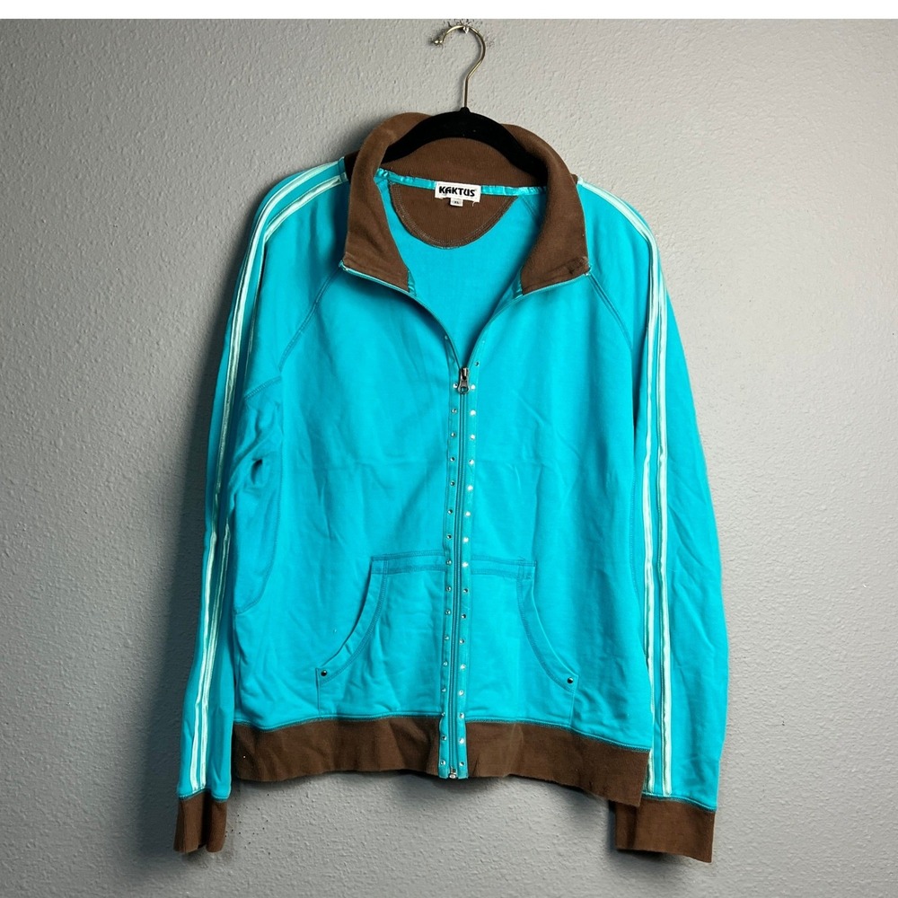 Kaktus 80s Retro Turquoise Brown Track Jacket Zip Up Rhinestone Accent Sporty XL